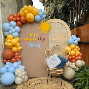 123 pezzi "Here Comes The Son" Palloncini Ghirlanda Arco Set Blu Arancione Giallo Beige Palloncino Rivelazione Genere Baby Shower Compleanno Festa Decorazioni Forniture