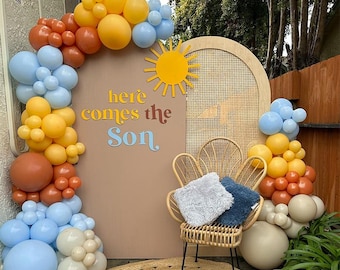 123pcs Here Comes The Son Balloons Garland Arch Set Blue Orange Yellow Beige Ballon Gender Reveal Baby Shower Birthday Party Decor Supplies
