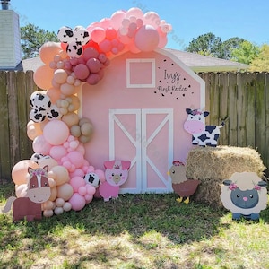 Farm Theme Birthday Balloon Garland Kit Peach Pink Natural Sand White Beige Animals Cow Print Balloon Arch Barn Birthday Kids Baby Shower