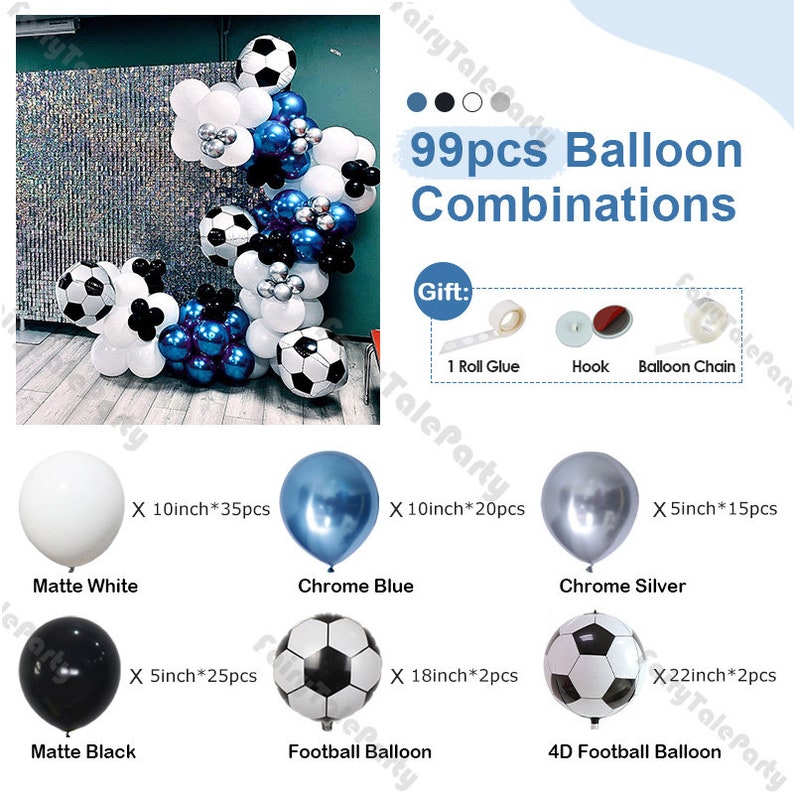 Kit de guirnalda de globos de fútbol de 99 piezas / Decoración para fiesta de cumpleaños de fútbol / Globos de fútbol cromados azul y plateado para fiestas infantiles 99pcs