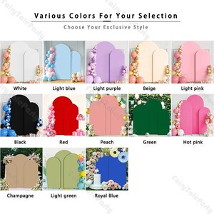 Puede incluir: Una colección de fondos arqueados para eventos en varios colores, incluyendo blanco, azul claro, morado claro, beige, rosa claro, negro, rojo, melocotón, verde, rosa intenso, champán, verde claro y azul real, con el texto Various Colors For Your Selection.