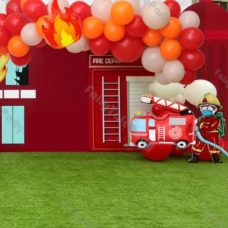 Set Di 9 Palloncini Per Festa A Tema Vigili Del Fuoco: 6 Fiamme 70x55cm, 2 Camion Pompieri 85x79cm, Decorazioni Per Compleanno Bambini, In Foil - 3
