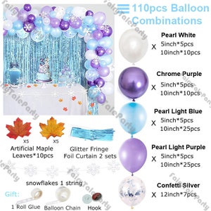 Kit de arco de guirnalda de globos con copos de nieve de color azul y morado, globos de látex con confeti para niños, suministros de decoración para fiestas temáticas de Frozen, 97/110 piezas All of above(110pcs)