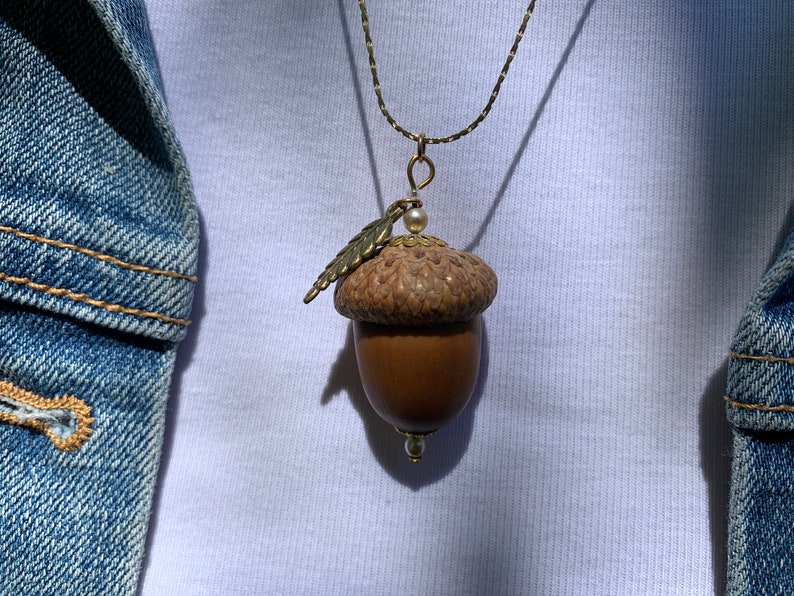 Natural Acorn Necklace Gold With Pearl Accent