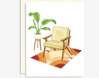 May include: A yellow armchair with wooden legs sits on a patterned rug with a potted plant in the background.