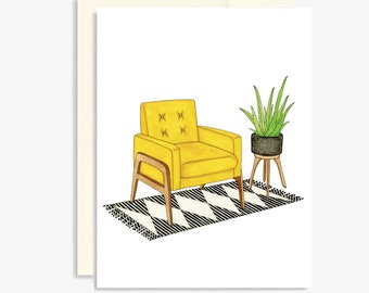 May include: A yellow armchair with a black and white diamond patterned rug and a potted green plant on a wooden stand.