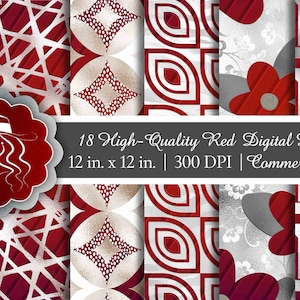 18 digitale patronen met rood accent voor scrapbooking | Klik voor details