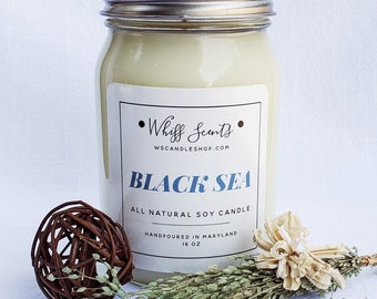 Black Sea Soy Candle, 16oz or 8oz, Everyday Candle, Masculine Scented Candle, Mason Jar Candle, All Natural, Eco-Friendly, Hand Poured