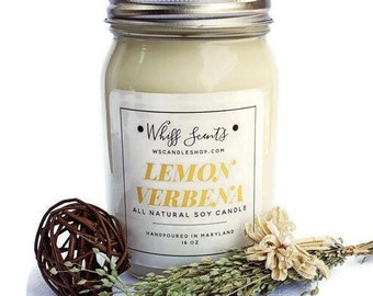 Lemon Verbena Soy Candle, 16oz or 8oz, Spring-Summer Soy Candle, Mason Jar Candle, Container Candle, All Natural, Eco-Friendly, Hand Poured