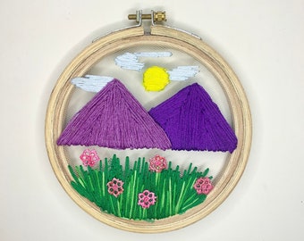 Mountain landscape Embroidery on tulle – floating embroidery art – Embroidery design – gifts for him – gifts for her - embroidery wall decor