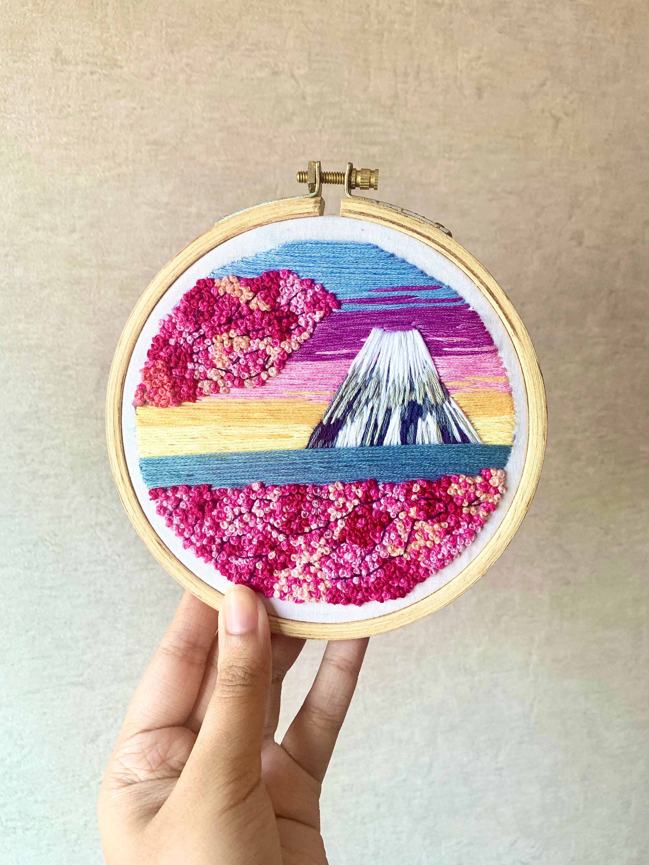 Mount fuji embroidery wall art landscape hand embroidered  etsy