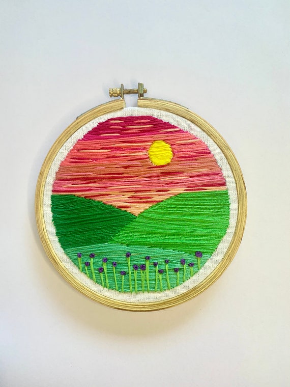 6 Inch Embroidery Hoop Frame With Embroidered Beach Landscape.Handmade