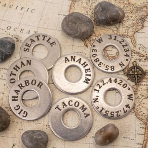 Custom washer engraved travel, name or coordinates charm