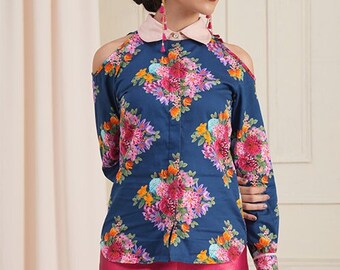 Long Sleeve Flower Melinda Diamond Floral Shirt for Women, Printed Blouse Long Sleeve Top Buttoned, Boho Summer Shirt, Minimalist Top