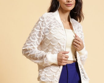 Lace Bomber Jacket for Women, Y2K Bomber Jacket, White Jackets, Bridal Cover Up, Boho Jackets, Casual Jackets for Women, Wax Bomber Jackets