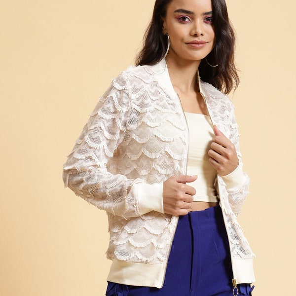 Lace Bomber Jacket for Women, Y2K Bomber Jacket, White Jackets, Bridal Cover Up, Boho Jackets, Casual Jackets for Women, Wax Bomber Jackets