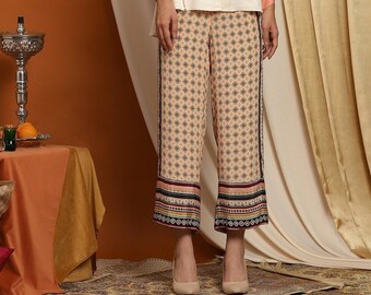 Nora Ecru Women Culottes, Boho Printed Palazzo Pants, Plus Size Pants, Casual Chic Pants, Wide Leg Crop Pants, Lounge Wear, Summer Pants