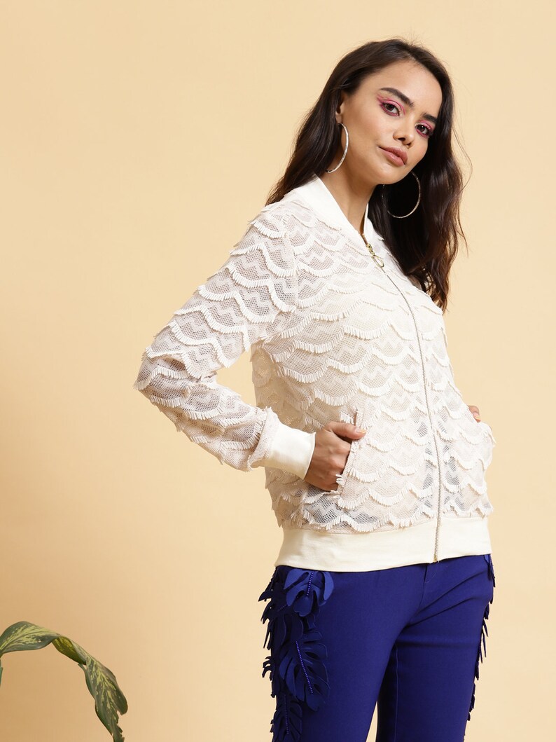 Lace Bomber Jacket for Women, Y2K Bomber Jacket, White Jackets, Bridal Cover Up, Boho Jackets, Casual Jackets for Women, Wax Bomber Jackets image 5