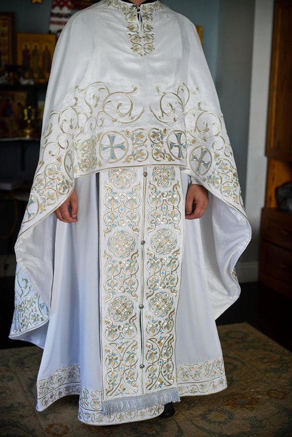 Fully Embroidered Orthodox Priest Vestments Set, White 