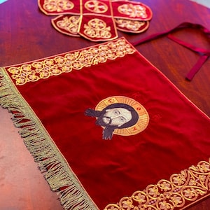 Chalice covers set, fringe. Fully embroidered. Wine or white , with the Icon of Not Made By Hand of our Lord