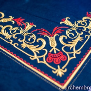 Chalice Covers Set, Fringe. Fully Embroidered Blue Red Gold.