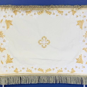 Chalice Covers Set, Fringe. Fully Embroidered  White Gold lilies