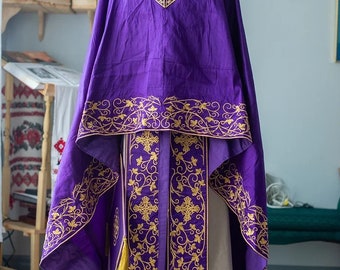 fully embroidered orthodox priest vestments set, purple gold