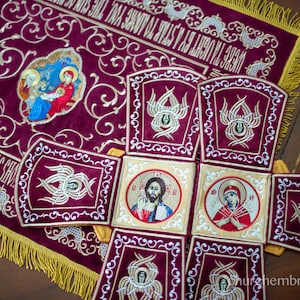 Chalice covers set, fringe. Fully embroidered. Wine or white , with the Icon of Nativity