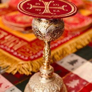 Chalice cover 7 inches. Fully embroidered. Velvet cotton and metallic gold embroidery threads.