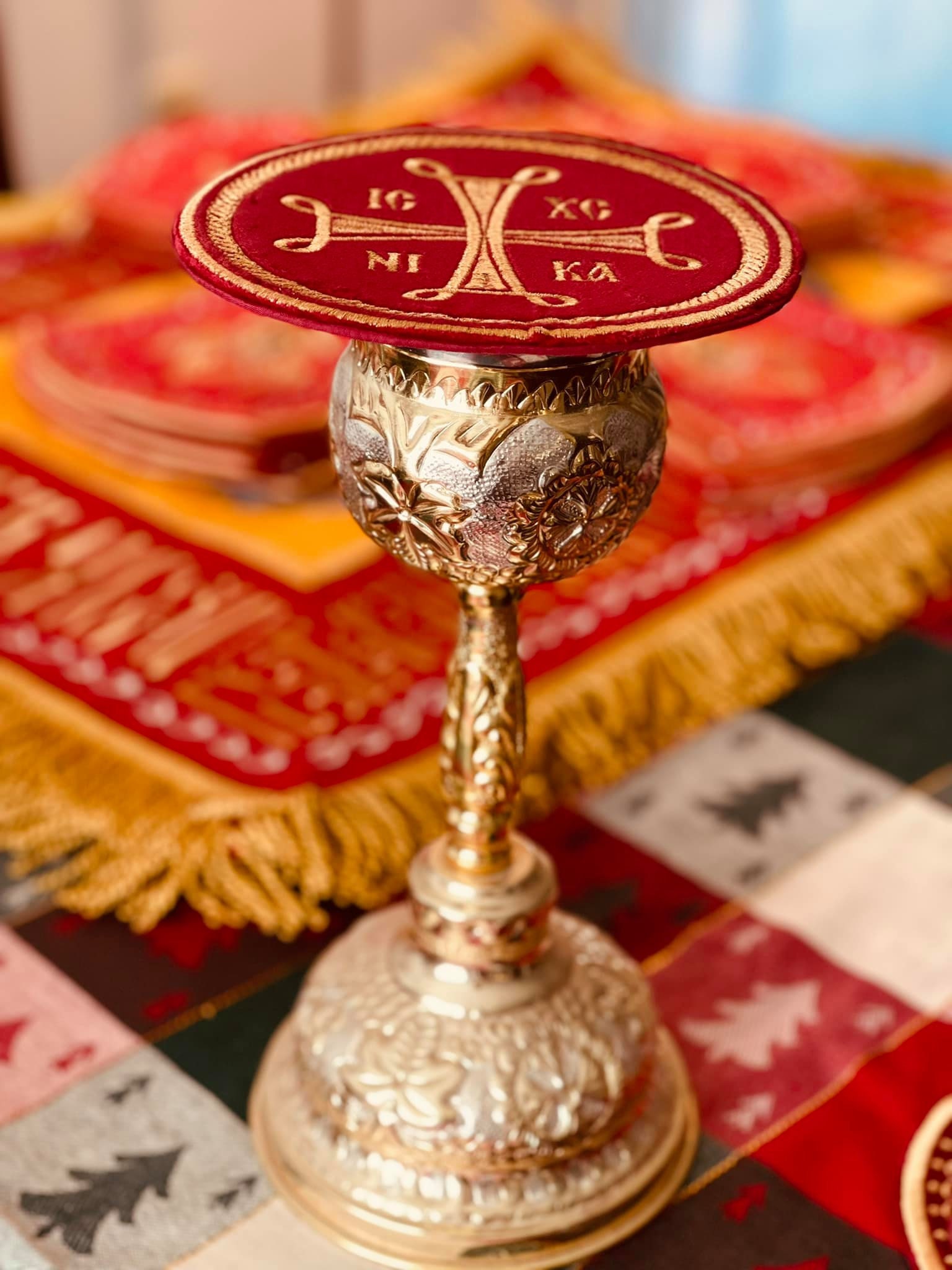 Chalice cover 7 inches. Fully embroidered. Velvet cotton and metallic gold embroidery threads.