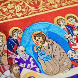 Fully-embroidered Orthodox Church Shroud (epitaphios) of Theotokos with large Embroidered Icon
