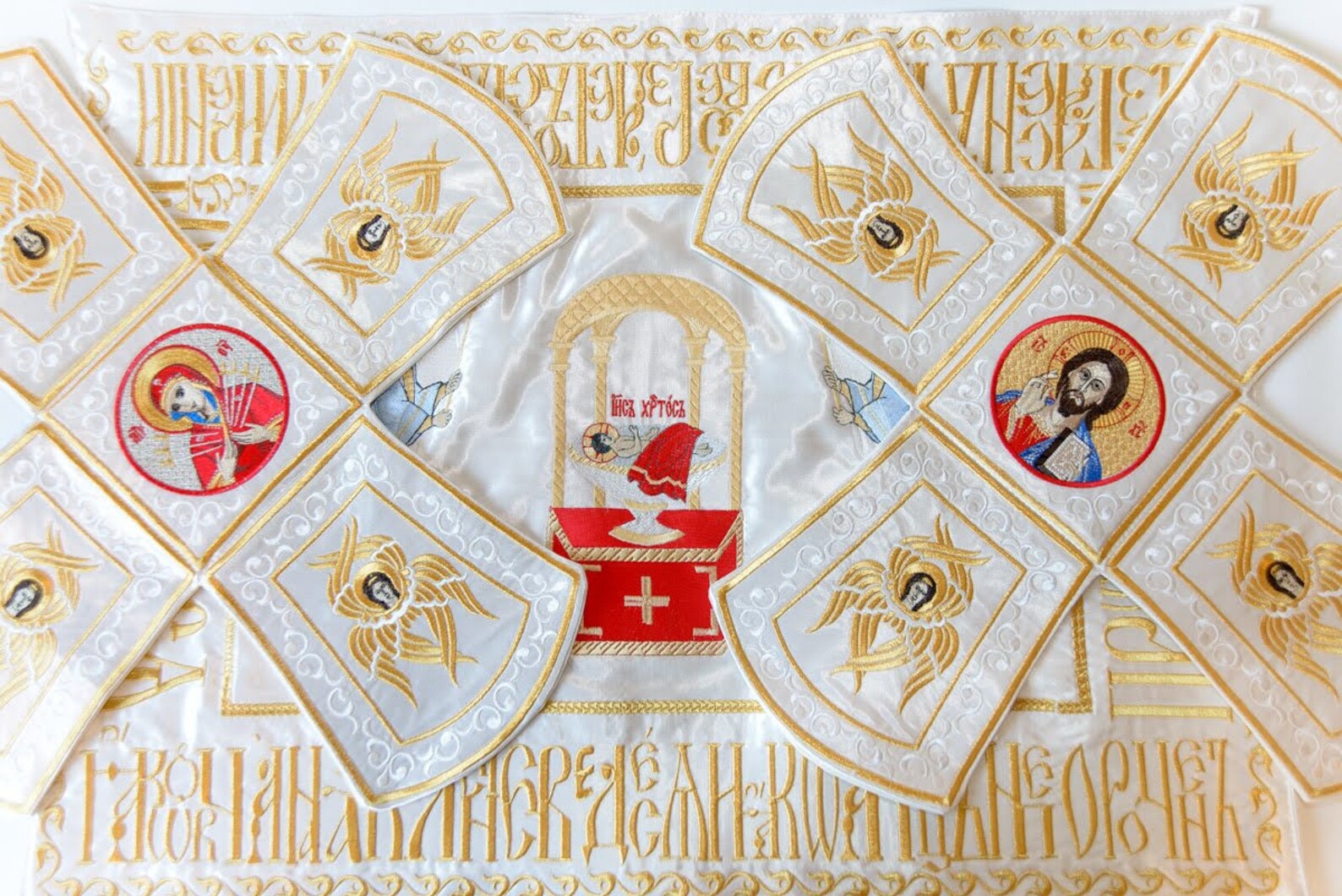 Chalice Covers Set, Fringe. Fully Embroidered. White, With the Icon