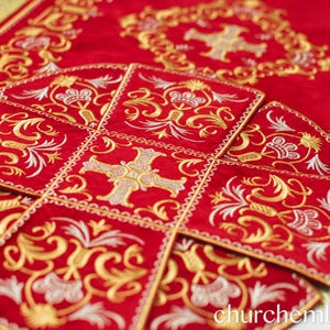 Chalice Covers Set, Fringe. Fully Embroidered Red Gold.