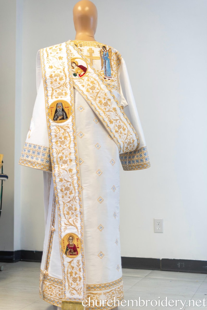 Protodeacon Fully Embroidered Orthodox Deacon Protodeacon Vestments Set, White Gold ...