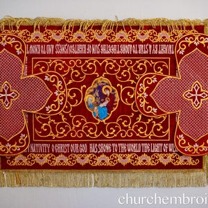 Chalice covers set, fringe. Fully embroidered. Wine or white , with the Icon of Nativity