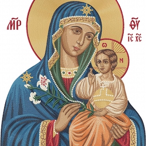 Fully embroidered icon of Theotokos 220x340