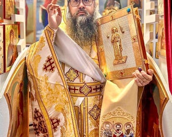 Marcador del Evangelio totalmente bordado para la Iglesia Ortodoxa - Tres Santos Jerarcas