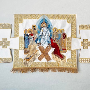 Chalice covers set, fringe. Fully embroidered. White, with the Icon of resurrection