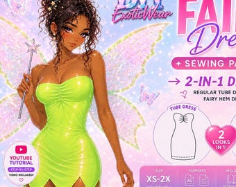 Fairy Dress PDF Sewing Pattern, 2-in-1 Strapless Tube Mini Dress, XS-2X