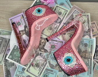 Tacones de plataforma con ojo malvado rosa: zapatos de rave con cristales personalizados, tacones exóticos para danza, mules para presentaciones en el escenario
