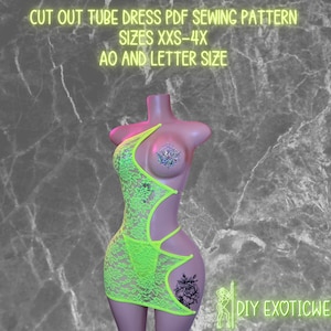 May include: A lime green cut-out tube dress sewing pattern. The pattern is available in sizes XXS-4X. The pattern is available in A0 and letter size. The text "DIY EXOTICWEAR" is in the bottom right corner of the image.