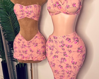 Conjunto de vacaciones con estampado floral rosa, conjunto de falda coqueta, falda larga, estilo cottagecore, ropa de resort, conjunto romántico de verano para mujer