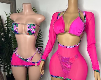 Traje de baño floral, conjunto rosa fucsia, bikini, pareo, malla, playa, atuendo vacacional, ropa para festivales, ropa de baile exótica, ropa de stripper
