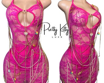 Exotic dancewear, stripper outfit, Lace dress, chain dress, charm dress, sexy dress