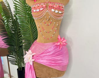 Pink Beaded Bra Set, Vacation Outfit, Festival Resort Wear, Beach Sarong Wrap