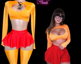 Sexy Nerd Halloween Costume, Mystery Girl Cosplay, Retro Geek Two Piece Outfit for Women