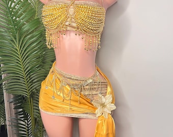 Gold Beaded Bra Set, Vacation Outfit, Festival Resort Wear, Beach Sarong Wrap
