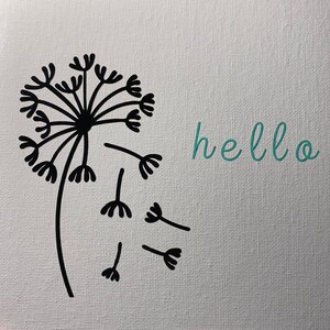 May include: A black and white illustration of a dandelion with seeds blowing in the wind. The word "hello" is written in teal cursive.