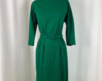 1950s Emerald Green Dress | Small w28 | 50s True Vintage Wool Like Dress | Retro Work to Evening Dress