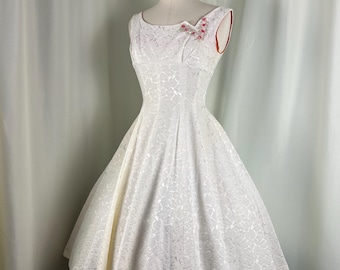 Witte brokaatjurk jaren 1950, jaren 1950 fit & flare-jurk, feestjurk jaren 1950, cocktailjurk jaren 1950, trouwjurk jaren 1950, vintage jurk jaren 1950